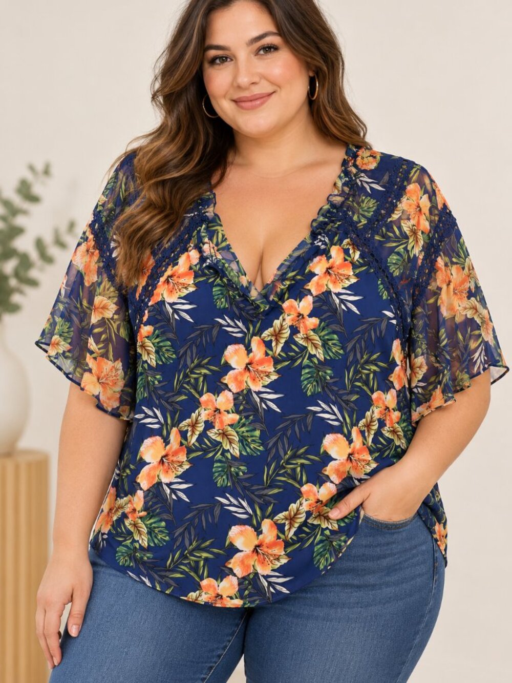 Always Indigo 3X Navy Tropical Floral Blouse Sheer Flutter Sleeve Lace V Neck